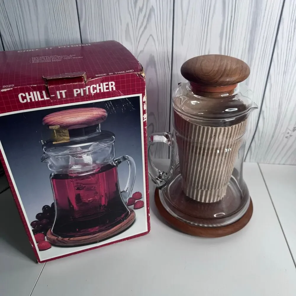 Vintage Towle Teak Wood Glass Pitcher w/ Cooling Ice Insert & Coaster 1985 NEW